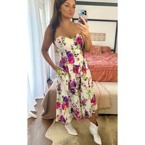 Vintage 80’s Size 8 100% Cotton White Sweetheart Floral Strapless Midi Dress